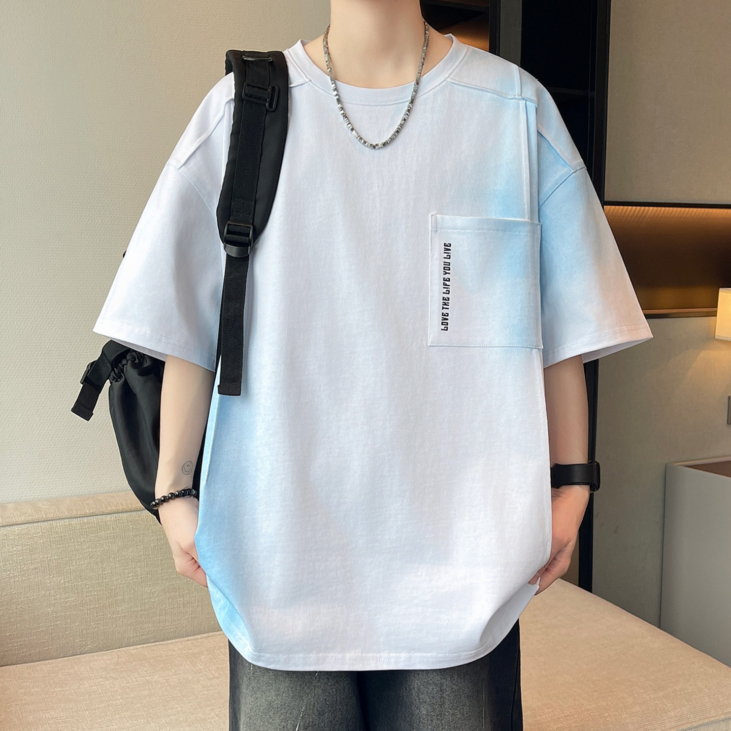 专柜美式扎染渐变短袖t恤男夏季潮牌ins宽松情侣款上衣带口袋半袖