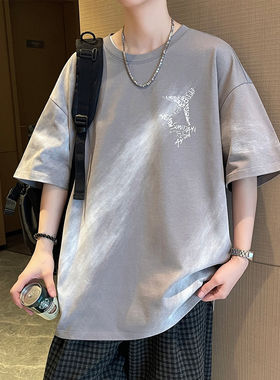 专柜美式复古短袖男款夏季新款渐变色宽松印花t恤青少年休闲圆领