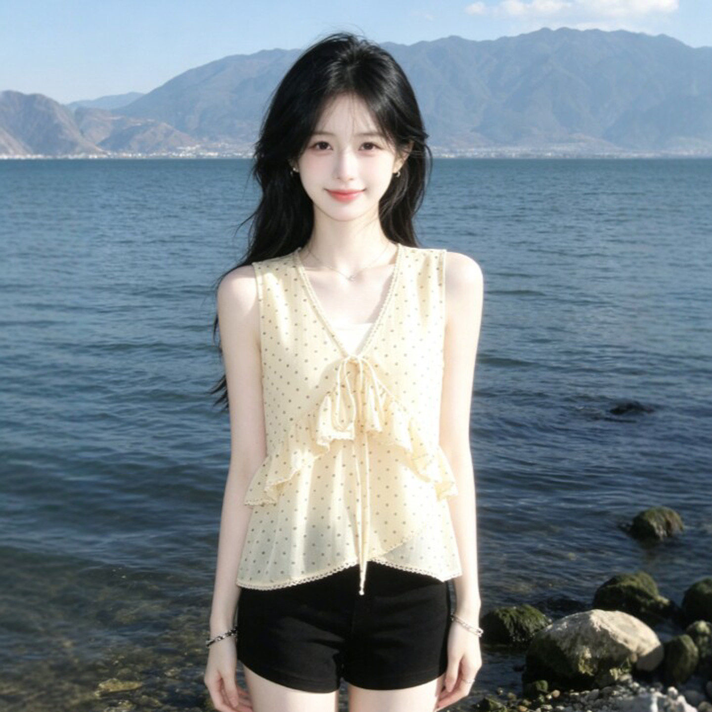 专柜海边出片穿搭度假风超好看的V领背心吊带小个子绝美小上衣26