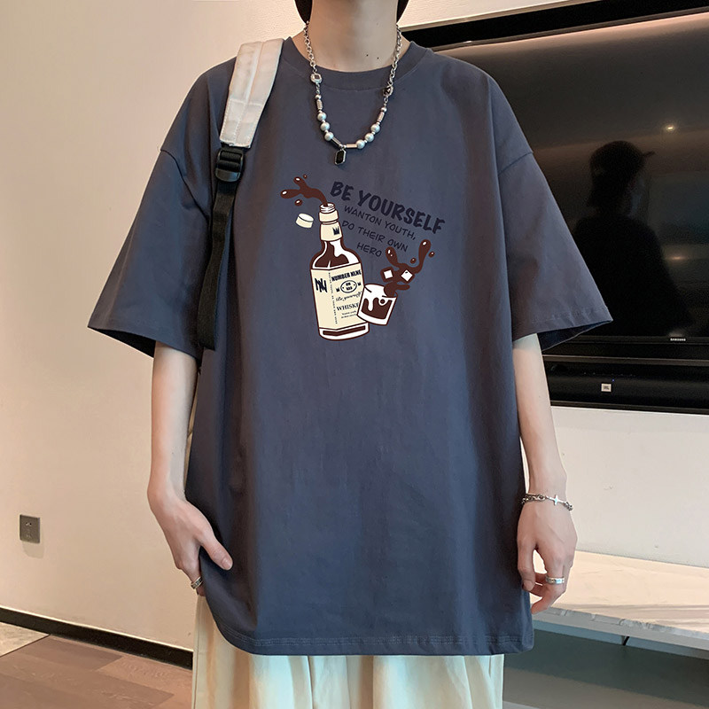 专柜纯棉短袖男潮牌夏季休闲宽松圆领t恤男生印花体恤青少年潮流