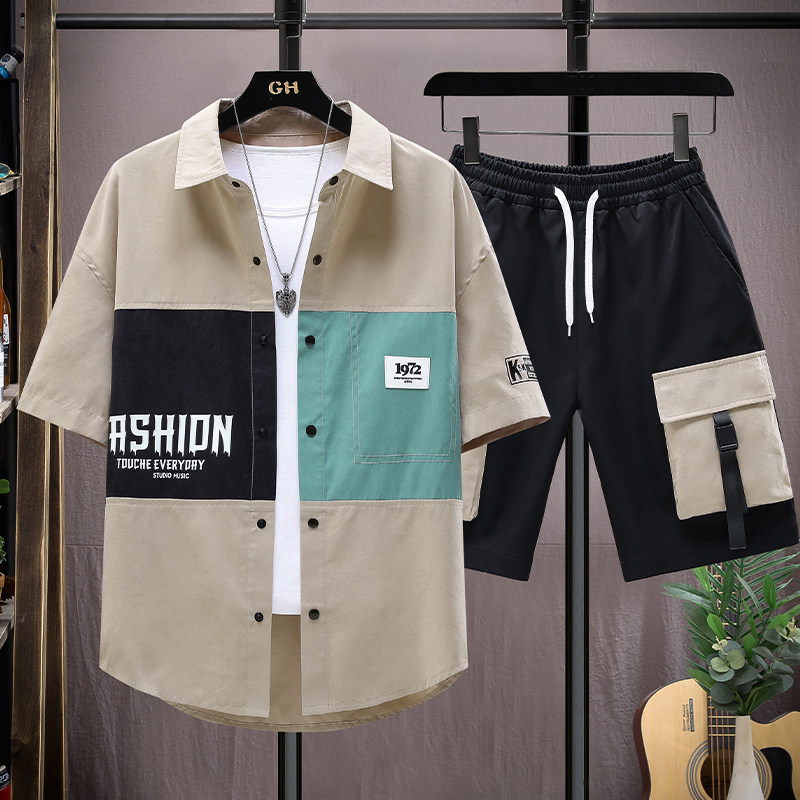 专柜短袖衬衫男士潮牌潮流夏季一套衣服搭配青少年高级感休闲衬衣
