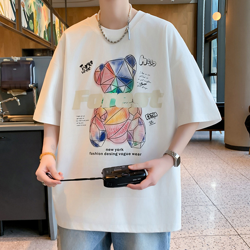 专柜卡通小熊短袖男夏季落肩袖宽松t恤半袖男青少年港风休闲体恤