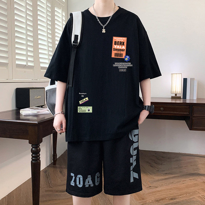 专柜休闲运动套装男夏季纯棉印花短袖t恤男装短裤搭配一套青少年