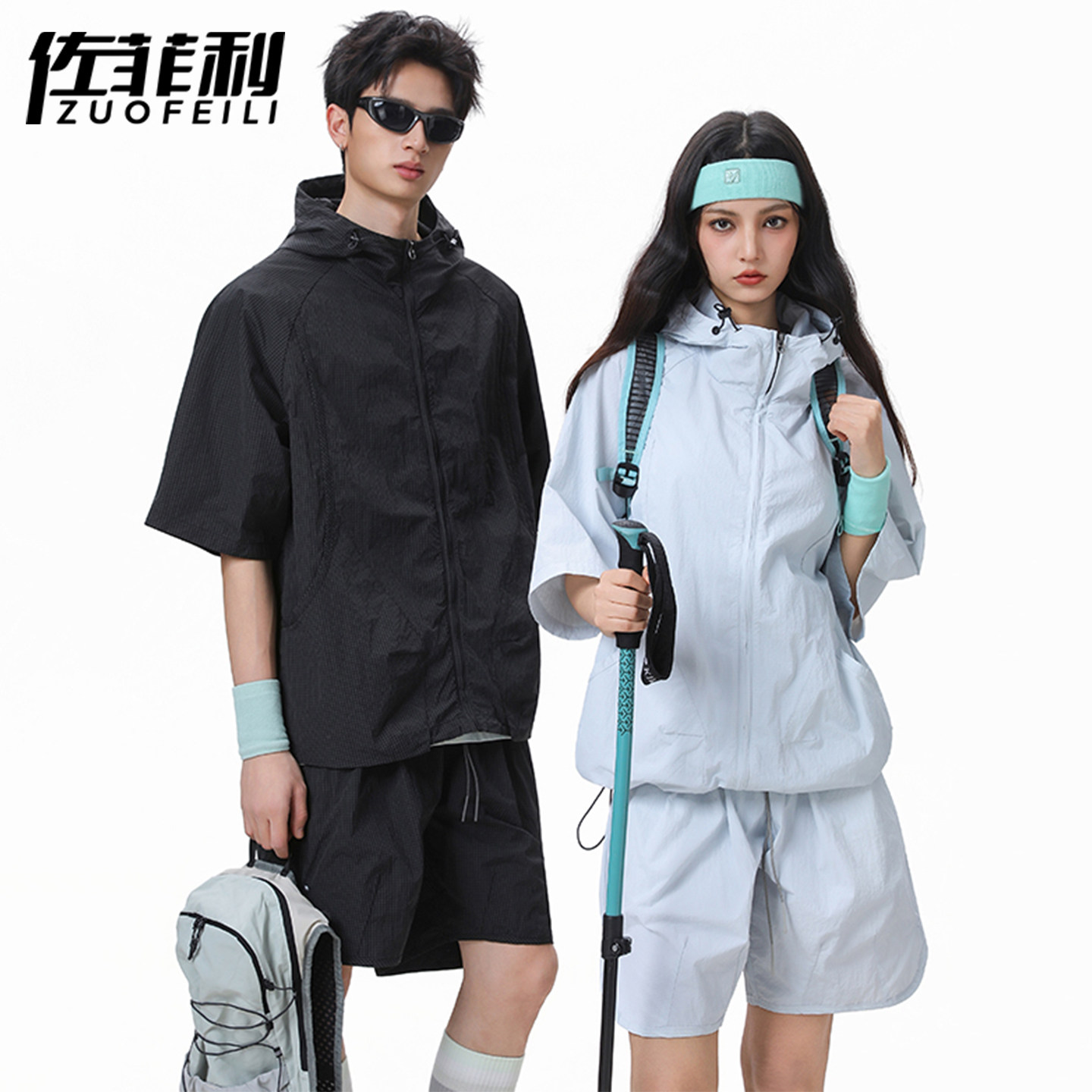 专柜休闲运动套装男夏季机能风速干连帽短袖两件套男女户外穿搭一