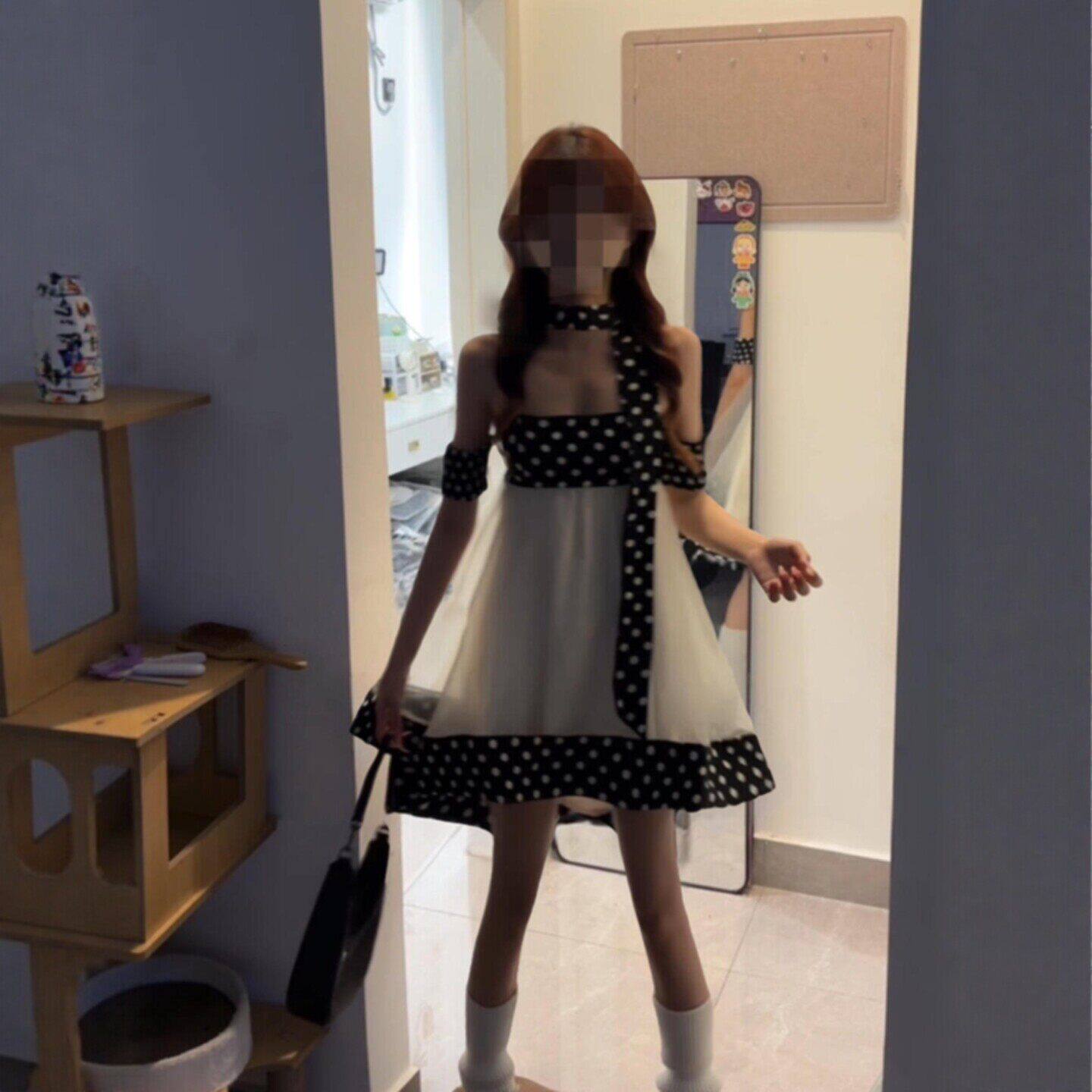 专柜温柔风独特超好看的一字肩不规则短裙小个子漂亮蓬蓬连衣裙26