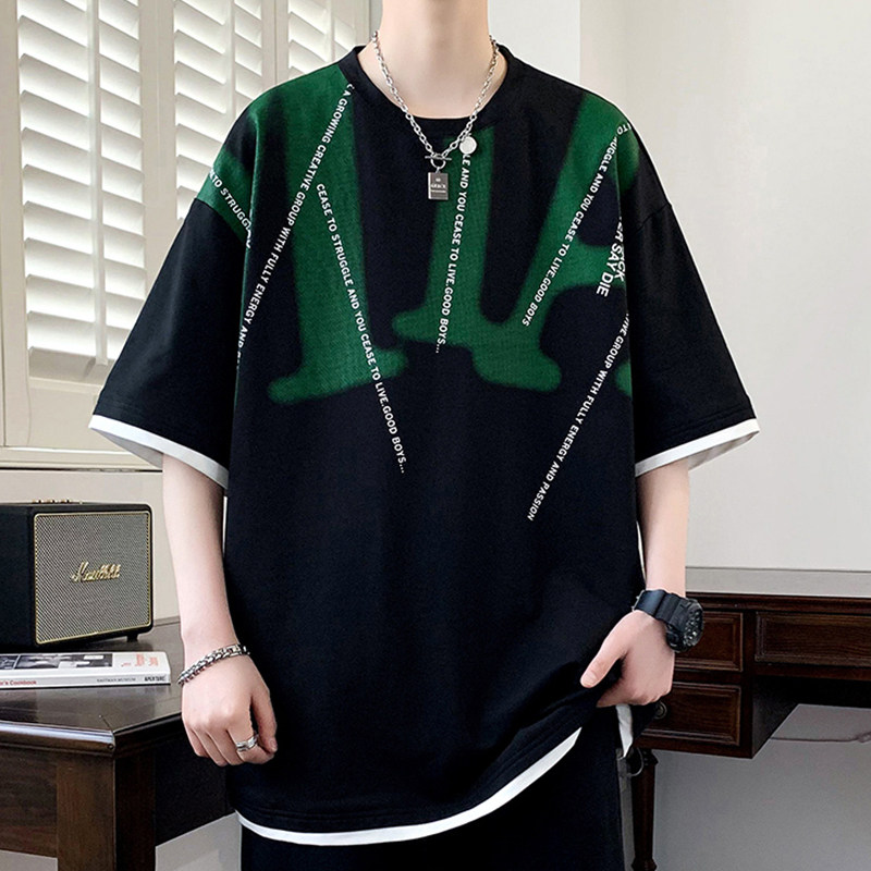 专柜美式短袖男夏季2024年新款潮牌假两件圆领T恤男宽松上衣五分