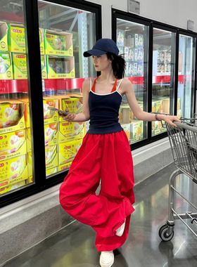 专柜美式复古假两件挂脖吊带背心女夏季新款时尚红色宽松阔腿裤两