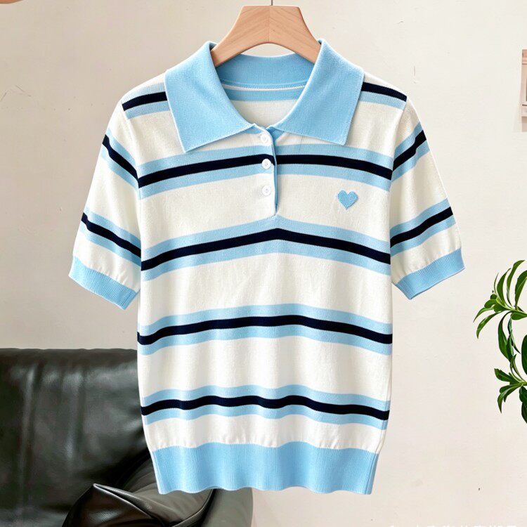 女童韩系学院风条纹polo领针织衫夏季儿童装冰丝薄款撞色短袖T恤