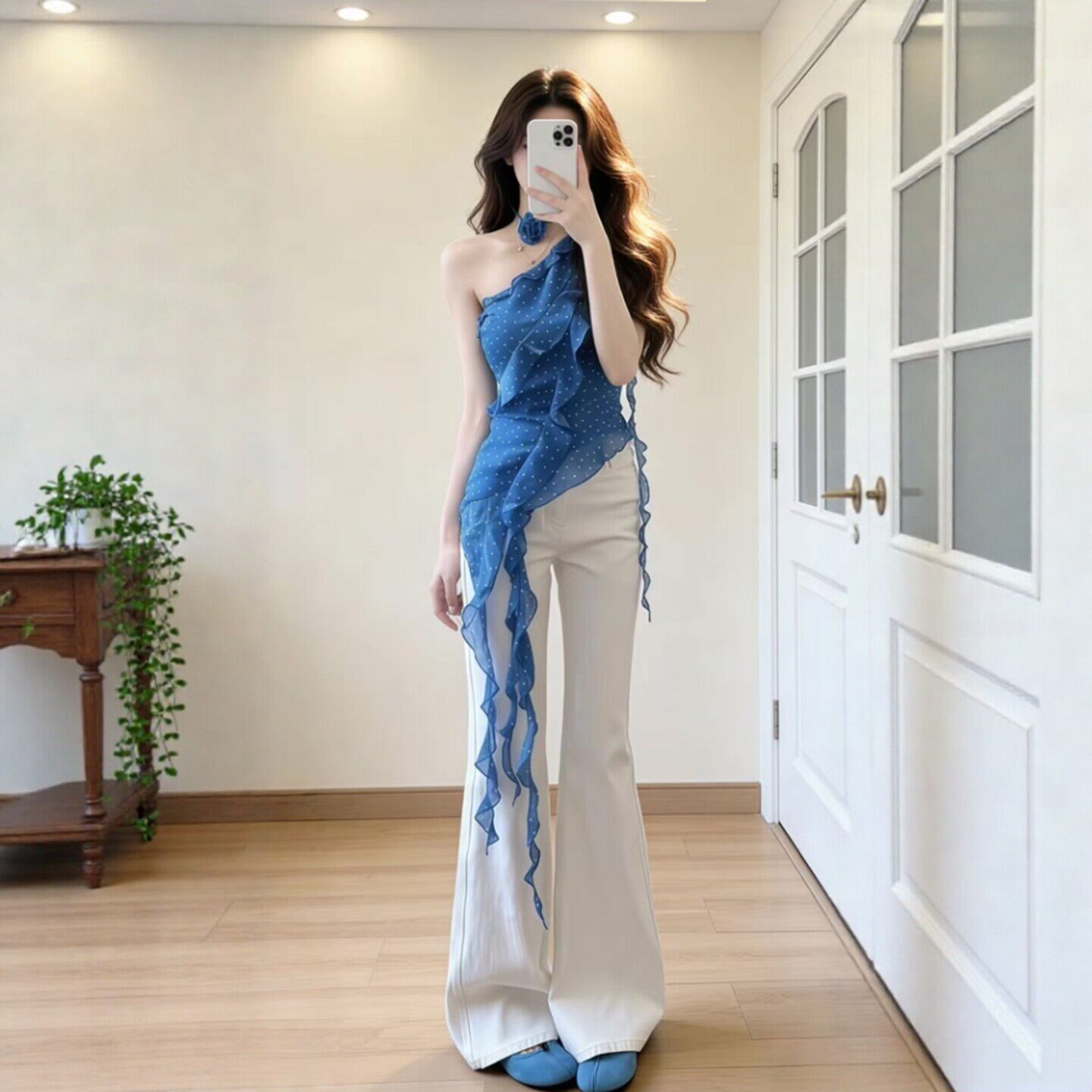 专柜26夏季设计感巨好看的斜肩上衣白色长裤两件套装一整套ootd穿