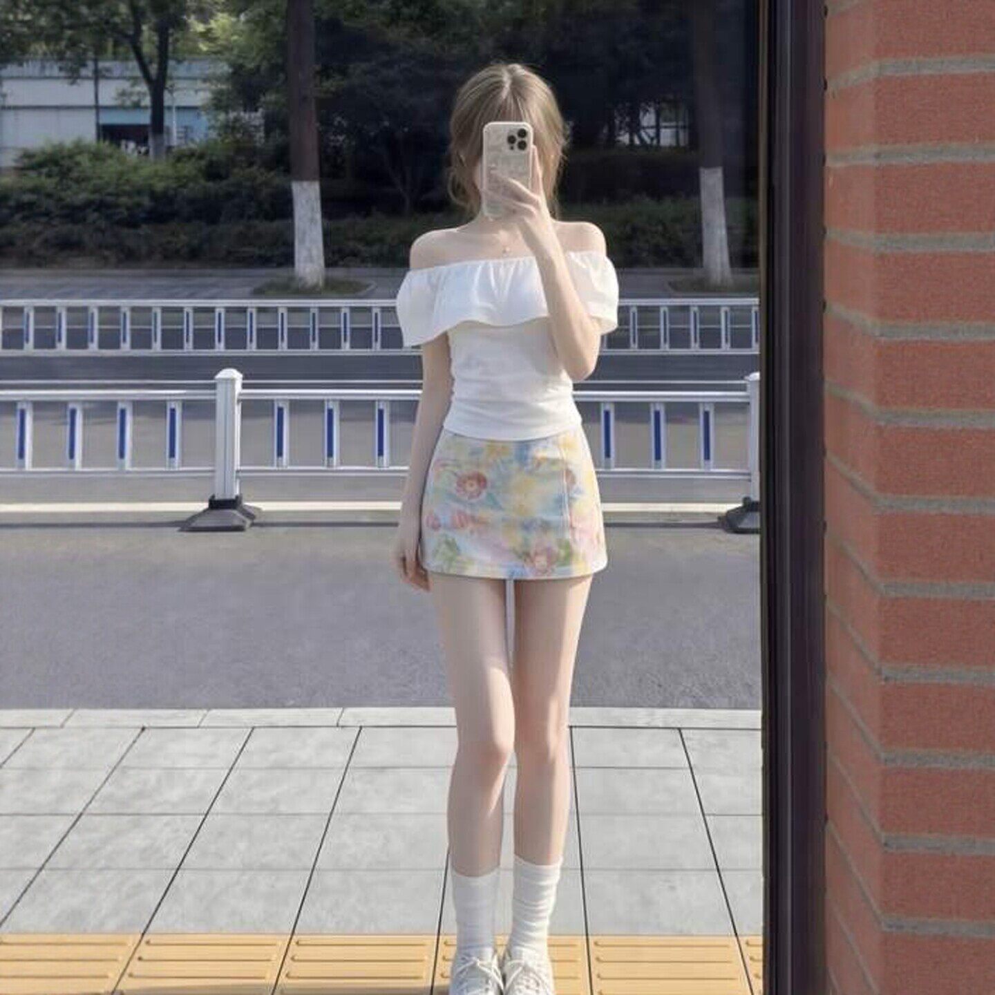 专柜26初夏绝美套装小个子独特超好看一字肩上衣印花半身裙一整套