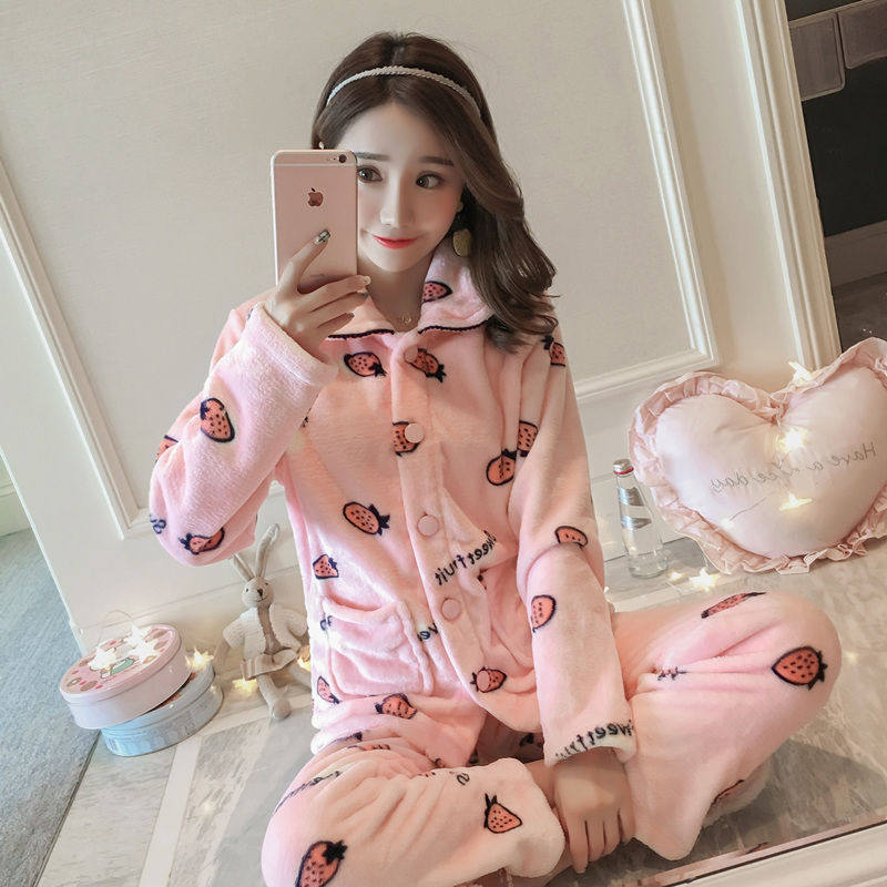 JCYEIOSX/积系秋冬加厚法兰绒睡衣韩版宽松居家开衫立领女士睡衣