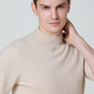 半高领短袖T恤羊绒衫男100纯羊绒秋冬针织羊毛中领半袖毛衣体恤衫