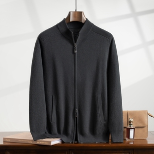 重磅加厚精纺羊绒衫男100纯羊绒开衫半高领空气层拉链外套男上衣