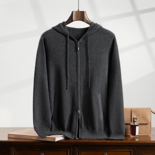 重磅加厚18针精纺100%纯山羊绒衫开衫针织衫男空气层带帽外套帽衫