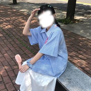 套装 宽松蓝色格子短袖 女学生韩版 夏季 衬衫 高腰A字半身裙两件套女