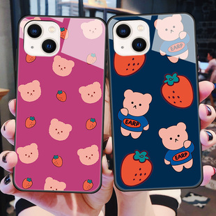 适用于苹果13手机壳iPhone13Mini玻璃保护套mini全包pg13防摔iphoen硅胶软边硬壳ip十三迷你5g可爱男女草莓熊
