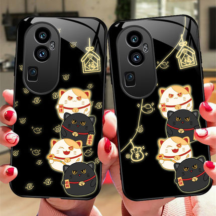 发财猫OPPOReno10手机壳Reno9Pro玻璃8pro+保护套7SE防摔ren06硅胶软边硬壳5G全包镜头PGX110男女PEPM00可爱