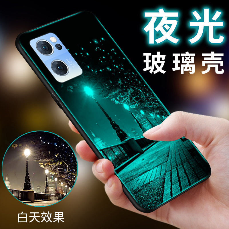 opporeno7se手机壳5G夜光玻璃OPPO全包防摔Ren07SE硅胶软边硬壳0pp0男女rome7se情侣reon7es镜面PFCM00保护套 3C数码配件 手机保护套/壳 原图主图