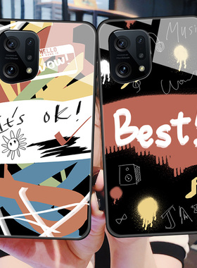 OPPOFindX5手机壳findX5Pro玻璃PFFM10全包防摔5G硅胶软边硬壳PFET10男女OK涂鸦卡通fnidx5por情侣个性保护套