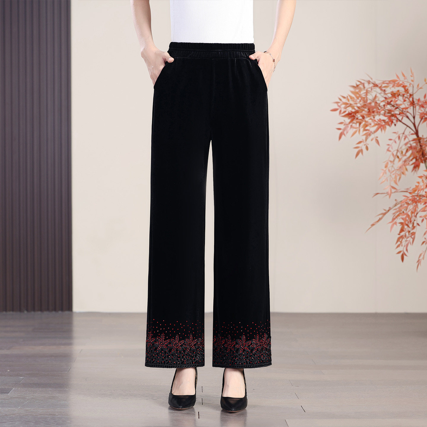 2025秋冬新款弹力金丝绒妈妈中老年阔腿直筒高腰休闲女长裤子加绒