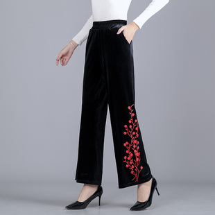 25春秋新品金丝绒垂感红梅花中老年妈妈阔腿女长裤子休闲直筒高腰