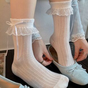 可爱春夏季中筒蝴蝶结鞋袜蕾丝花边薄款芭蕾袜配小皮透气风袜子女