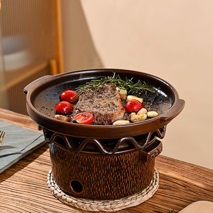 户外露营烤盘烧烤盘创意陶瓷考肉盘铁板烧家用趣味木碳炉煎烤盘炉