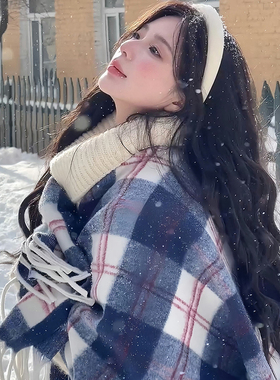 秋冬洋气百搭女士围巾披肩2025新款外搭女加宽大蓝白色格纹1010c