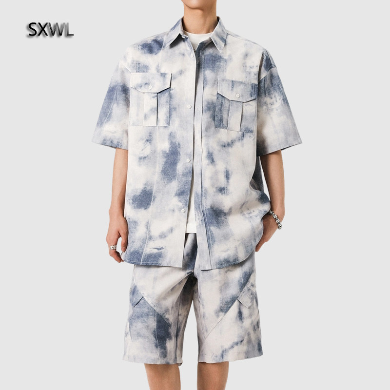 SXWL夏装套装夏季薄款男士扎染短袖衬衫工装短裤五分裤情侣两件套