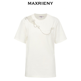 MAXRIENY网纱T恤遮肉白T钻链宽松廓形短袖 奥莱 上衣