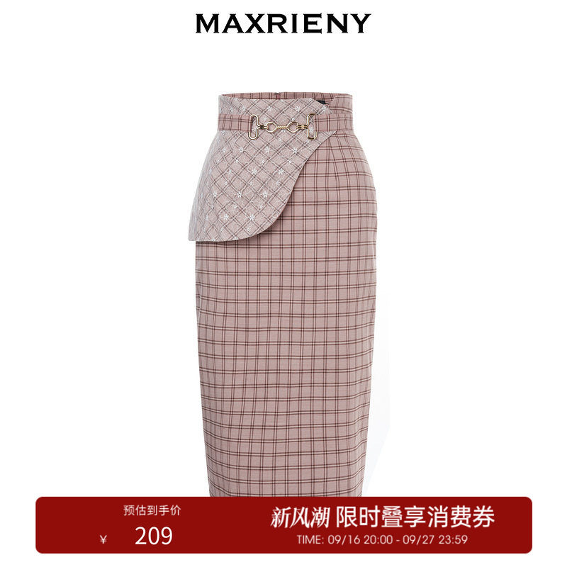 【奥莱】MAXRIENY高腰一步裙秋季不对称半身裙格温长裙子图片