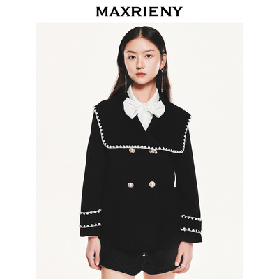 【奥莱】MAXRIENY海军风大翻领收腰大衣冬装撞色复古风衣外套女