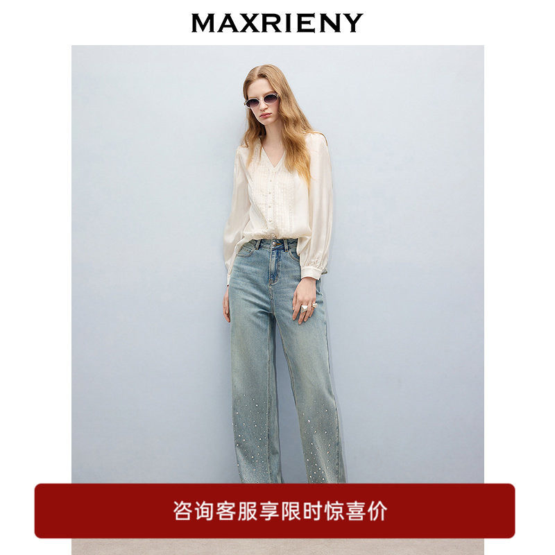 【奥莱】MAXRIENY米白风琴褶醋酸衬衫V领灯笼袖蕾丝边衬衫图片