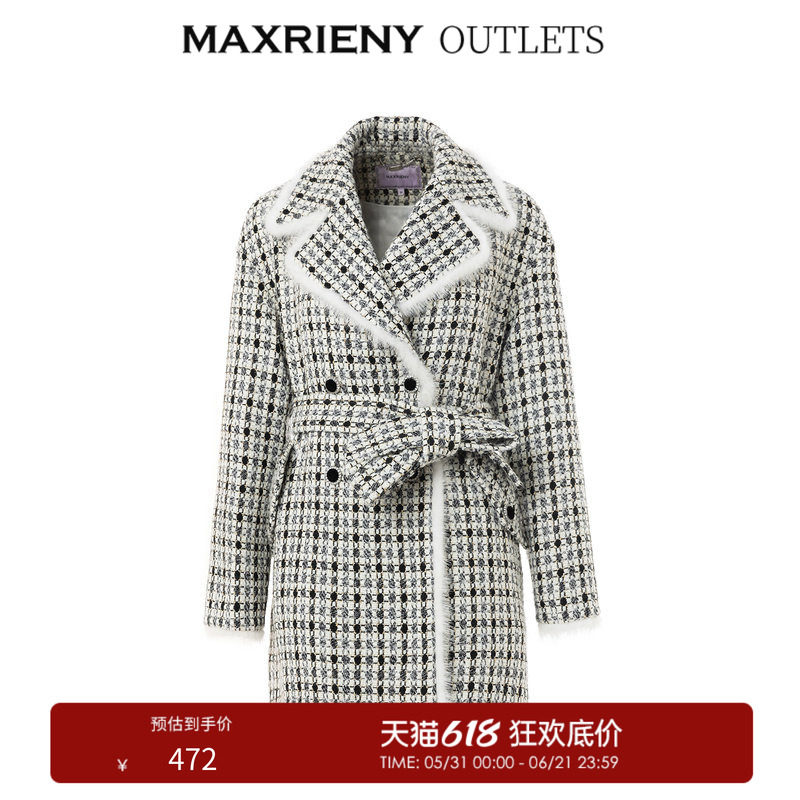 【奥莱】MAXRIENY复古黑白格纹大衣中长款肌理感小香风外套