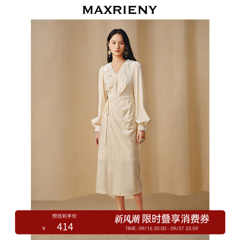 【奥莱】MAXRIENY法式复古连衣裙钻石绒围裹绑带松弛感裙子图片