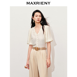 v领上衣 奥莱 MAXRIENY文艺宫廷风绣花衬衫 款