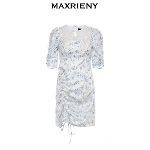 【奥莱】MAXRIENY国风青花瓷连衣裙女秋季泡泡袖短裙