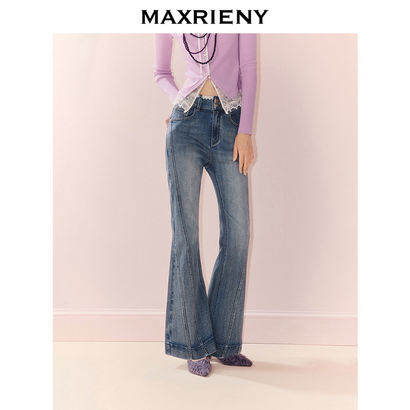 【奥莱】MAXRIENY通勤风牛仔裤女款蕾丝花边微喇牛仔长裤图片