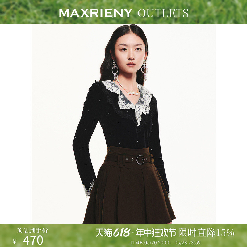 【奥莱】MAXRIENY蕾丝领丝绒雪纺衫蕾丝上衣女