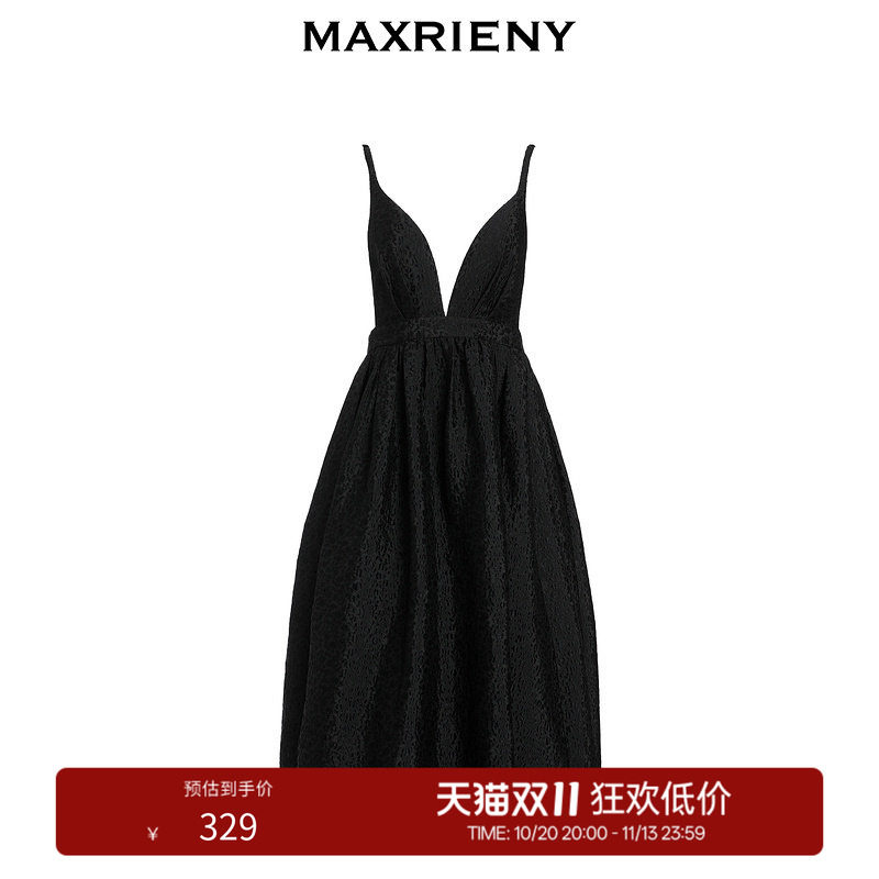 【奥莱】MAXRIENY提花吊带小黑裙女春款V领无袖连衣裙子