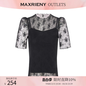 【奥莱】MAXRIENY黑色蕾丝上衣女夏季泡泡袖雪纺衫