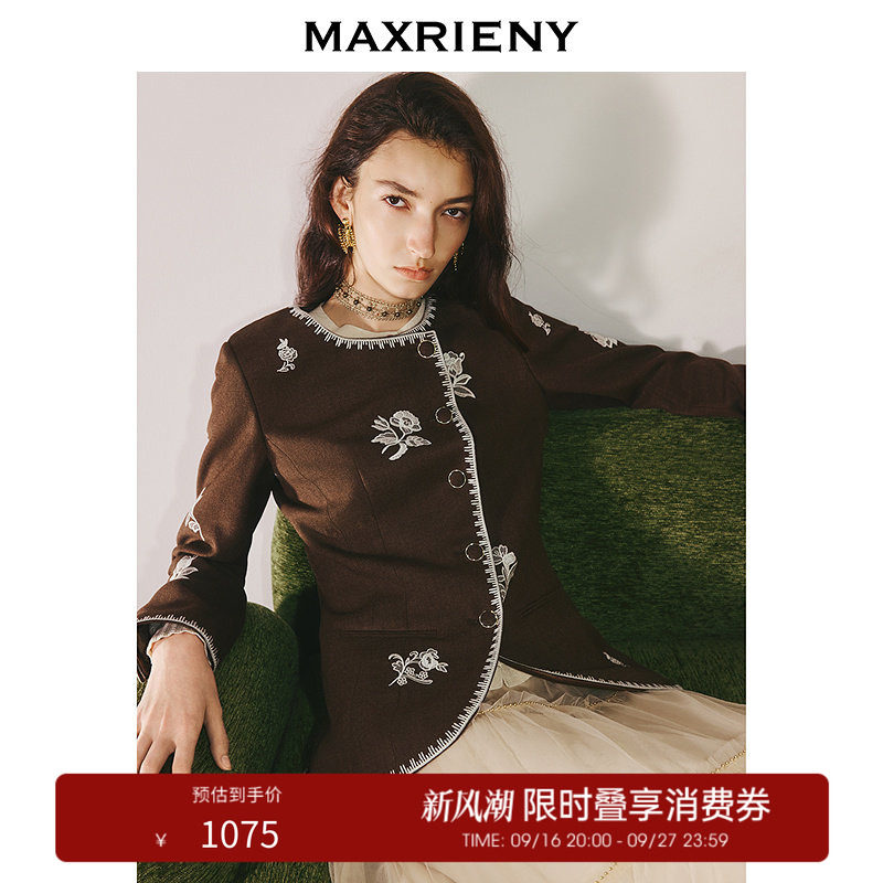 【奥莱】MAXRIENY浪漫诗人花卉刺绣撞色外套香料色圆领收腰短外套图片