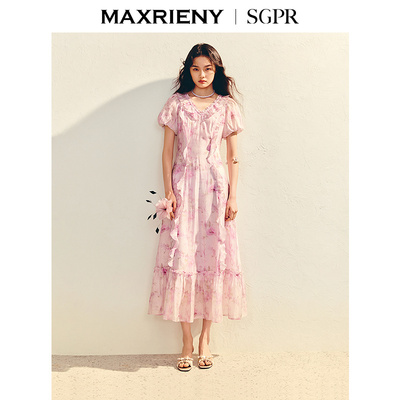 【奥莱】SGPR感泡泡袖连衣裙x型印花长裙