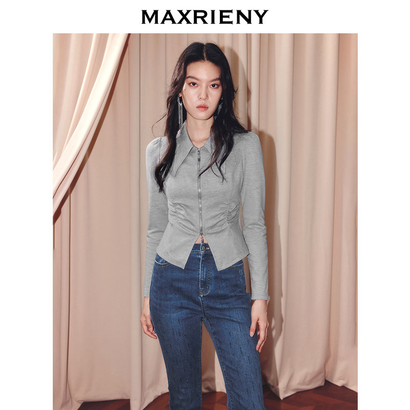 【奥莱】MAXRIENY格雷系穿搭翻领拉链衬衫女收腰截短长袖上衣