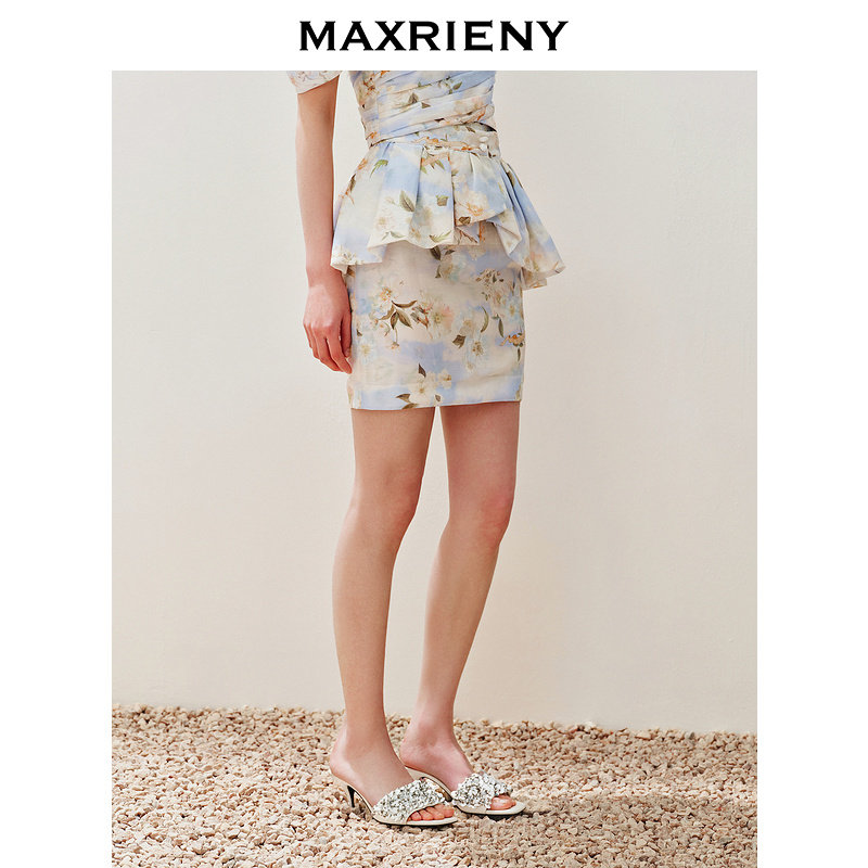 【奥莱】MAXRIENY优雅浪漫风薄荷绿印花半裙夏款桑蚕丝裙子图片