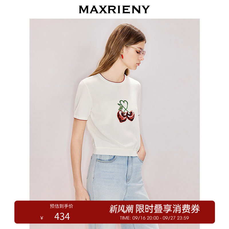 【奥莱】MAXRIENY米白色针织衫薄款圆领套头毛衣樱桃上衣图片