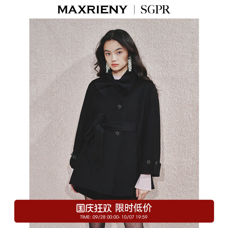【奥莱】MAXRIENY纯色羊毛外套围脖蝴蝶结领收腰系带设计图片