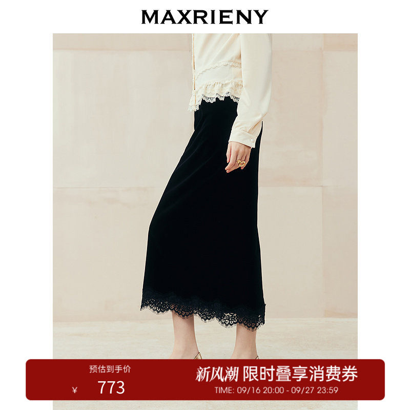 【奥莱】MAXRIENY法式感蕾丝拼接丝绒半身裙高腰直筒小黑裙图片