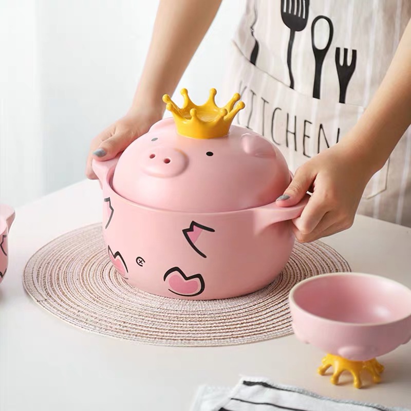 嘿猪猪网红皇冠陶瓷锅炖锅耐高温煲汤家用砂锅小猪炖锅学生煮泡面