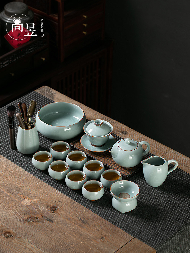 景德镇青瓷冰裂釉功夫茶具套装家用陶瓷办公室泡茶壶茶杯子礼盒装
